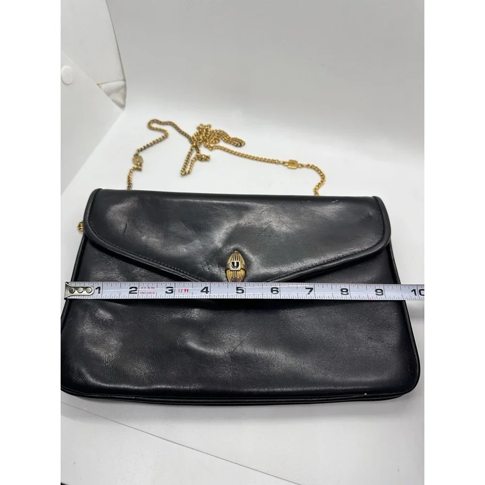 Vintage Emanuel‎ Ungaro Black Leather Chain Shoulder Bag Gold Logo Italy